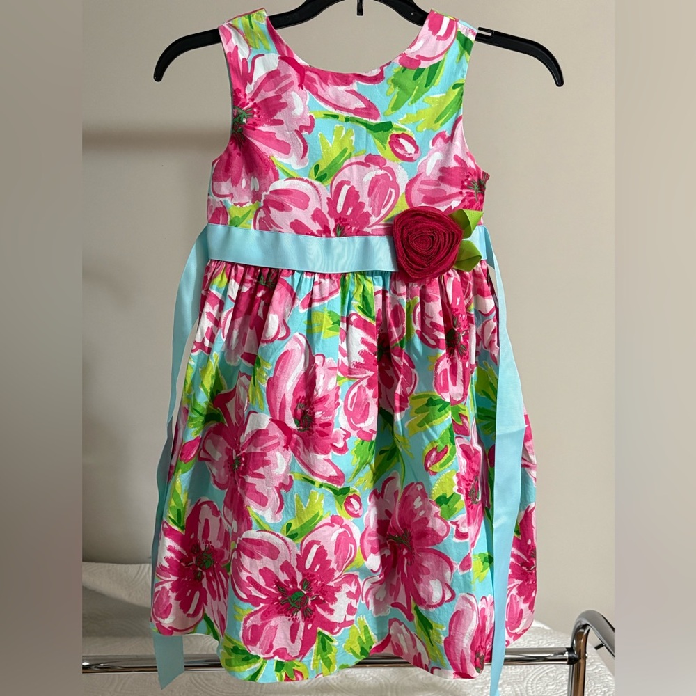 Rare Editions Pink Floral Dress with Aqua Sash and Rosette